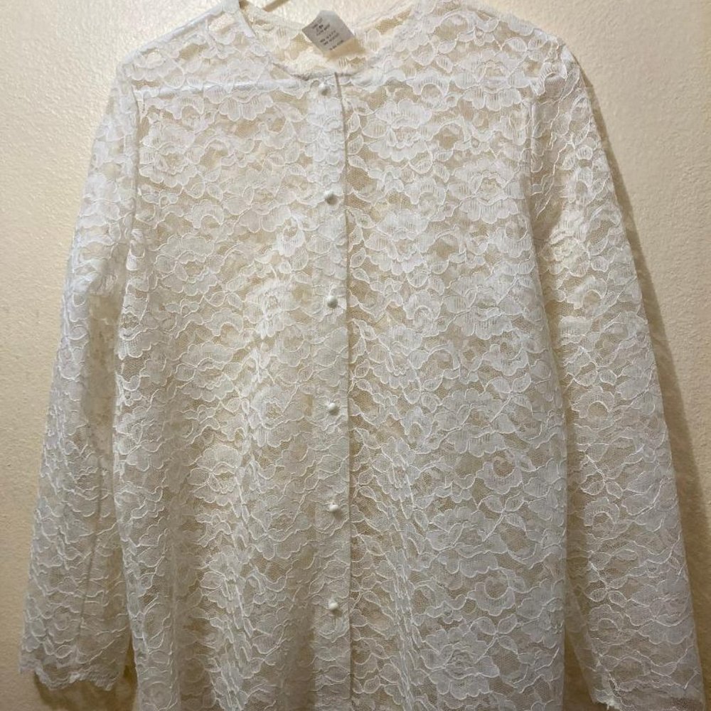 Vintage Unbranded Sheer Ivory Lace Button Front Long Sleeve Blouse Top Size 14